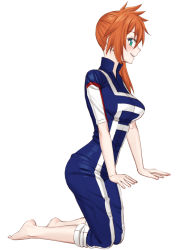 Rule 34 | 10s, 1girl, aqua eyes, barefoot, blush, boku no hero academia, breasts, commentary request, easy (aqk7bdqt), kendou itsuka, kneeling, large breasts, long hair, looking at viewer, looking to the side, orange hair, side ponytail, simple background, smile, solo, track suit, u.a. gym uniform, white background