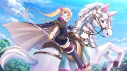 Rule 34 | 1girl, aiyoku no eustia, barding, belt, black cape, black footwear, black gloves, blonde hair, blue eyes, blue sky, boots, cape, cloud, day, dress, earrings, fur-trimmed gloves, fur trim, game cg, gloves, hair ornament, holding, holding sword, holding weapon, horse, horseback riding, iris mysteria!, jewelry, licia de novus yurii, long hair, looking at viewer, looking back, loose belt, rapier, riding, saddle, short dress, shoulder pads, sky, smile, sword, thigh boots, thighhighs, tiara, twintails, weapon, white horse