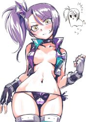 Rule 34 | 1girl, blush, breasts, closed mouth, fingerless gloves, gloves, groin, long hair, looking at viewer, navel, panties, pretty series, pripara, purple hair, side ponytail, simple background, solo, thighhighs, toudou shion, tukiwani, underwear, white background, yellow eyes