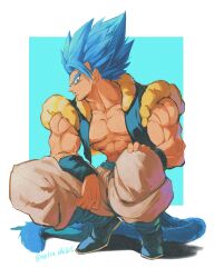 Rule 34 | 1boy, absurdres, artist name, baggy pants, bare shoulders, biceps, black footwear, black vest, blue background, blue eyes, blue hair, blue sash, blue tail, boots, closed mouth, collarbone, dragon ball, dragon ball super, full body, gogeta, highres, looking at viewer, male focus, metamoran vest, monkey tail, muscular, muscular male, open clothes, open vest, pants, pectorals, profile, relio db318, sash, shadow, sideways glance, simple background, solo, spiked hair, squatting, super saiyan, super saiyan 4, tail, twitter username, two-tone background, v-shaped eyebrows, vest, white background, white pants