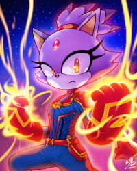 Rule 34 | 1girl, artist name, belt, blaze the cat, blue bodysuit, bodysuit, brown eyes, captain marvel, captain marvel (cosplay), clenched hands, cosplay, crossover, energy, forehead jewel, furry, furry female, gem, gloves, looking at viewer, marvel, night, night sky, red belt, red gemstone, red gloves, ry-spirit, sky, solo, sonic (series), watermark