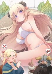Rule 34 | 1boy, 2girls, absurdres, animal ears, arms behind back, beard, bikini, black eyes, blonde hair, blush, braid, breasts, choker, commentary, crossover, dungeon meshi, dwarf, eat some cookie, elf, facial hair, furrowed brow, green eyes, helmet, highres, hololive, horns, index finger raised, large breasts, long hair, looking at viewer, lying, marcille donato, multiple girls, navel, on side, open mouth, pointy ears, purple eyes, red choker, restrained, revision, senshi (dungeon meshi), sheep ears, sheep girl, sheep horns, spoken food, sweatdrop, swimsuit, teeth, tsunomaki watame, twin braids, upper teeth only, v-shaped eyebrows, virtual youtuber, white bikini