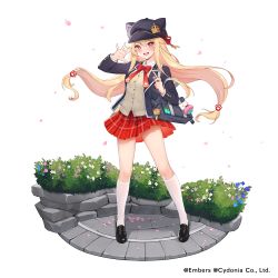 Rule 34 | 1girl, absurdres, ash arms, blonde hair, blush, commentary request, cromwell (ash arms), fukuro daizi, hair ornament, hat, highres, long hair, open mouth, petals, plant, ribbon, school uniform, solo, standing, waving, white background