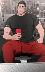Rule 34 | 1boy, balnom, bara, blush, brown hair, bulge, ear piercing, fang, fang out, gym, highres, holding, holding phone, large pectorals, looking at viewer, male focus, mature male, muscular, muscular male, on bench, original, pants, pectorals, phone, photo background, piercing, red pants, selfie, shirt, short hair, sitting, smile, solo, spread legs, t-shirt, thick eyebrows, thick thighs, thighs