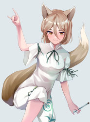 Rule 34 | 1girl, absurdres, animal ears, blush, breasts, brown eyes, brown hair, closed mouth, feet out of frame, fox ears, fox shadow puppet, fox tail, grey background, hair between eyes, hand up, highres, holding, holding test tube, jumpsuit, koizumo, kudamaki tsukasa, looking at viewer, medium breasts, romper, short hair, simple background, smile, solo, tail, test tube, touhou, vial, white jumpsuit