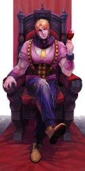 Rule 34 | 1boy, absurdres, alcohol, birthmark, blonde hair, chair, cup, dio brando, drinking glass, full body, highres, jojo no kimyou na bouken, crossed legs, male focus, muscular, red eyes, sb (hiratsei), sitting, smile, solo, veins, wine, wine glass
