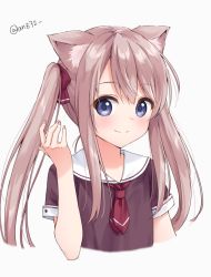 Rule 34 | 1girl, animal ear fluff, animal ears, anz32, bad id, bad pixiv id, blue eyes, blush, bow, brown hair, brown shirt, cat ears, closed mouth, commentary request, cropped torso, grey background, hair between eyes, hair bow, hand up, long hair, looking at viewer, neckerchief, original, red bow, red neckerchief, sailor collar, school uniform, serafuku, shirt, short sleeves, sidelocks, simple background, smile, solo, twintails, twitter username, upper body, white sailor collar