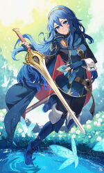 Rule 34 | 1girl, blue bodysuit, blue cape, blue eyes, blue footwear, blue gloves, blue hair, bodysuit, bug, butterfly, cape, fingerless gloves, fire emblem, fire emblem awakening, gloves, highres, holding, holding sword, holding weapon, insect, long hair, looking at viewer, lucina (fire emblem), nakabayashi zun, nintendo, red cape, smile, solo, standing, standing on liquid, sword, tiara, water, weapon