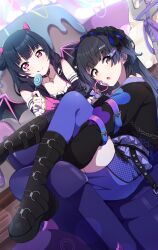 Rule 34 | 2girls, :q, absurdres, ankle boots, black footwear, black hair, blue thighhighs, blunt bangs, boots, brown eyes, candy, collarbone, couch, demon horns, demon wings, detached sleeves, dutch angle, food, frilled sleeves, frills, highres, holding, holding candy, holding food, holding lollipop, horns, idolmaster, idolmaster shiny colors, lollipop, long hair, long sleeves, looking at viewer, love live!, love live! sunshine!!, mayuzumi fuyuko, multiple girls, on couch, open mouth, pink horns, purple eyes, reikakrzk, sitting, sleeves past wrists, thighhighs, tongue, tongue out, tsushima yoshiko, upper body, wings