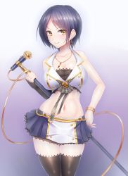 Rule 34 | 10s, 1girl, black thighhighs, blurry, bracelet, breasts, cable, cleavage, closed mouth, collarbone, cowboy shot, crop top, detached sleeves, doyouwantto, earrings, frills, gradient background, groin, hand on own hip, hayami kanade, holding, holding microphone, idolmaster, idolmaster cinderella girls, jewelry, lace, lace-trimmed legwear, lace-trimmed skirt, lace-trimmed sleeves, lace trim, large breasts, looking at viewer, microphone, microphone stand, midriff, miniskirt, navel, necklace, parted bangs, plaid, plaid ribbon, pleated skirt, purple background, ribbon, shirt, short hair, skirt, sleeveless, sleeveless shirt, smile, solo, stomach, swept bangs, thigh gap, thighhighs, yellow eyes