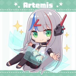 Rule 34 | 1girl, android, artemis rs08, black pants, blue hair, character name, chibi, closed mouth, commentary request, crop top, full body, glowing, green eyes, grey footwear, grey hair, hair ornament, hairclip, headgear, hitsuki rei, holographic monitor, indie virtual youtuber, joints, layered sleeves, long hair, long sleeves, multicolored hair, navel, pants, red hair, robot joints, shirt, shoes, short over long sleeves, short sleeves, smile, solo, sparkle, star (symbol), streaked hair, striped, striped background, vertical stripes, very long hair, virtual youtuber, white shirt