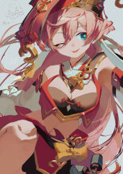 Rule 34 | 1girl, black bra, blue eyes, bra, breasts, cleavage, commentary request, detached sleeves, genshin impact, grey background, highres, long hair, looking at viewer, midriff, one eye closed, pink hair, pink skirt, potg (piotegu), red headwear, signature, simple background, skirt, solo, tongue, tongue out, underwear, very long hair, yanfei (genshin impact)