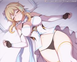 Rule 34 | 1girl, animated, animated gif, bare shoulders, bed sheet, black panties, blonde hair, blush, breasts, closed eyes, clothes pull, detached sleeves, disembodied hand, dress, dress pull, flower, from above, genshin impact, gloves, hair flower, hair ornament, large breasts, long sleeves, lumine (genshin impact), lying, navel, nipples, on back, on bed, panties, parted lips, partially fingerless gloves, pillow, pulling another&#039;s clothes, sleep molestation, sleeping, solo focus, thighhighs, underwear, waero, white dress, white flower, white thighhighs