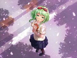 Rule 34 | 1girl, blush, female focus, full body, goggles, green eyes, green hair, gumi, highres, kazeno, looking up, matching hair/eyes, nature, open mouth, outdoors, pantyhose, petals, plant, school uniform, short hair, skirt, solo, vocaloid, wind