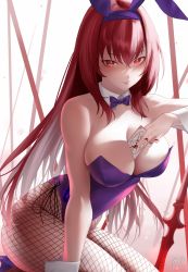 Rule 34 | 1girl, animal ears, bare shoulders, between breasts, breasts, card, cleavage, detached collar, fake animal ears, fate/grand order, fate (series), fishnet pantyhose, fishnets, gae bolg (fate), hair between eyes, highleg, highleg leotard, highres, large breasts, leotard, long hair, looking at viewer, pantyhose, playboy bunny, playing card, polearm, purple hair, purple leotard, rabbit ears, red eyes, scathach (fate), scathach (piercing bunny) (fate), sitting, smile, solo, spear, thighs, weapon, wrist cuffs, zasshu