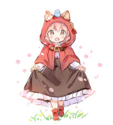 Rule 34 | 1girl, :d, aged down, animal ear fluff, animal ears, black skirt, blush, boots, brown eyes, capelet, commentary, ears through headwear, fang, frilled skirt, frills, full body, hair between eyes, hood, hood up, hooded capelet, looking at viewer, open mouth, original, pink hair, red capelet, red footwear, shirt, skirt, skirt hold, smile, solo, walking, wataame27, white background, white shirt, wolf-chan (wataame27), wolf ears