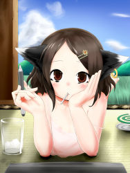 Rule 34 | 1girl, :/, alternate hairstyle, animal ears, areola slip, arm support, bad id, bad pixiv id, brown hair, camisole, cat ears, cat girl, chen, close-up, drawing tablet, earrings, female focus, flat chest, food, hair ornament, hairclip, head rest, incense, jewelry, lying, mosquito coil, mouth hold, nekoarashi, nipple slip, nipples, no headwear, on stomach, pen, popsicle, short hair, single earring, solo, strap slip, summer, thinking, touhou, yana (nekoarashi)