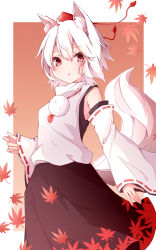 Rule 34 | 1girl, animal ear fluff, animal ears, autumn leaves, black skirt, cowboy shot, detached sleeves, hat, highres, inubashiri momiji, looking at viewer, nankotsu, orange background, pom pom (clothes), red eyes, red hat, ribbon-trimmed sleeves, ribbon trim, shirt, short hair, skirt, sleeveless, sleeveless shirt, solo, tail, tokin hat, touhou, turtleneck, two-tone background, white background, white hair, white shirt, wolf ears, wolf tail