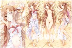 Rule 34 | 10s, 1girl, arms up, asuna (sao), barefoot, breasts, brown eyes, brown hair, chain, character name, dakimakura (medium), dress, ear covers, feet, long hair, long legs, looking at viewer, lying, medium breasts, multiple views, navel, nipples, noodle-y, nude, on back, on stomach, pointy ears, pussy, sword art online, titania (sao), toes, uncensored, very long hair