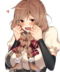 Rule 34 | 1girl, arm warmers, bad id, bad twitter id, blush, bow, bowtie, braid, breasts, brown eyes, commentary request, highres, inusaka, kantai collection, large breasts, light brown hair, long hair, minegumo (kancolle), open mouth, plaid, plaid bow, plaid bowtie, plaid neckwear, red bow, red bowtie, shirt, simple background, skirt, solo, suspender skirt, suspenders, twin braids, upper body, white background, white shirt