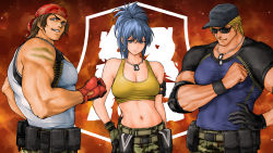 Rule 34 | 1girl, 2boys, bandana, baseball cap, belt, black hair, blonde hair, blue eyes, blue hair, breasts, camouflage, camouflage pants, clark still, cleavage, dog tags, fingerless gloves, fire, gloves, hat, highres, ikari warriors, kanji, leona heidern, midriff, military, multicolored shirt, multiple boys, muscular, muscular male, pants, ponytail, pouch, ralf jones, shirt, snk, sunglasses, the king of fighters, the king of fighters xiv, the king of fighters xv, white shirt, x chitch