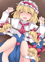 Rule 34 | 1girl, ^ ^, alice margatroid, blonde hair, blue dress, blue eyes, blush, bow, capelet, closed eyes, commentary request, dress, hair bow, hairband, hammer (sunset beach), long hair, open mouth, shanghai doll, short hair, smile, tickling, tickling legs, tickling stomach, touhou