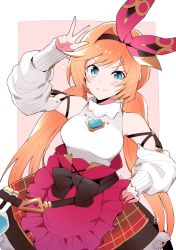 Rule 34 | 1girl, absurdres, apron, arm up, artist name, belt, black bow, blush, border, bow, bow hairband, breasts, clarisse (granblue fantasy), clarisse (valentine) (granblue fantasy), commentary, detached sleeves, flask, geev, granblue fantasy, green eyes, hair intakes, hairband, hand on own hip, highres, long hair, looking at viewer, low twintails, medium breasts, orange hair, outside border, plaid, plaid skirt, shirt, skirt, sleeveless, sleeveless shirt, sleeves past wrists, solo, sparkle, split mouth, turtleneck, twintails, v-shaped eyebrows, w, waist apron, white border, white shirt