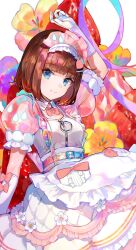 Rule 34 | 1girl, apron, arm at side, arm up, blue eyes, blunt bangs, bob cut, brown hair, closed mouth, commentary request, fuzichoco, gloves, highres, layered skirt, looking at viewer, maid, maid headdress, medium hair, puffy short sleeves, puffy sleeves, see-through, see-through sleeves, short sleeves, skirt, smile, solo, underbust, waist apron, white apron, white gloves