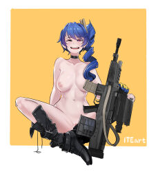Rule 34 | 1girl, 20mm grenade, 20x30mm grenade, 20x30mm lv p k168, absurdres, airburst grenade launcher, ammunition, anti-materiel cartridge, artist name, assault rifle, belt boots, black footwear, blue gloves, blue hair, blush, bolt-action grenade launcher, bolt action, boots, bottomless, breasts, bullpup, burst fire gun, burst fire rifle, cannon cartridge, carbine, choker, clitoris slip, collarbone, computerized scope, daewoo k11, dummy round, earrings, explosive, girls&#039; frontline, gloves, grenade, grenade cartridge, grenade launcher, gun, highres, indian style, jewelry, k11 (girls&#039; frontline), large-caliber cartridge, large breasts, leather choker, long hair, messy hair, military cartridge, multi-weapon, multiple-barrel firearm, navel, nipples, nude, one eye closed, open mouth, orange background, precision-guided firearm, pussy, pussy peek, red eyes, rifle, scope, side ponytail, sight (weapon), single earring, sitting, smile, solo, subsonic ammunition, teeth, telescopic sight, thermal weapon sight, two-tone background, two-tone gloves, underbarrel assault rifle, underbarrel rifle, upper teeth only, weapon, white background, yan jhia, yellow gloves