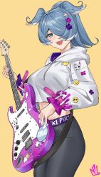 Rule 34 | 1girl, absurdres, black pants, blue eyes, blue hair, blush, breasts, cropped hoodie, elira pendora, emoji, fangs, from side, guitar, hair over one eye, head wings, highres, holding, holding instrument, hood, hoodie, instrument, large breasts, logo, nijisanji, nijisanji en, nillith, one eye covered, open mouth, pants, pikl (elira pendora), pleading face emoji, ponytail, smile, solo, sticker, virtual youtuber, white hoodie, wings, yellow background, yoga pants