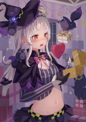 Rule 34 | 1girl, absurdres, black capelet, black gloves, black hat, black skirt, blush, bow, bowtie, box, breasts, capelet, commentary, cropped shirt, gift, gift box, gloves, grey hair, hair bun, hair ornament, hat, heart, highres, hololive, long hair, long sleeves, mei am0, midriff, miniskirt, murasaki shion, murasaki shion (1st costume), navel, open mouth, orange eyes, pink bow, pink bowtie, pinstripe pattern, pinstripe shirt, shiokko (murasaki shion), shirt, single side bun, skirt, small breasts, solo, stomach, striped clothes, striped shirt, tilted headwear, vertical-striped clothes, vertical-striped shirt, virtual youtuber, witch hat
