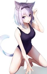 Rule 34 | 1girl, ahoge, alternate costume, animal ears, bare legs, barefoot, blush, breasts, cat ears, cat tail, cleavage, commentary, full body, hair between eyes, hairband, highres, hololive, kneeling, looking at viewer, medium breasts, nanashinayuzu mochi, nekomata okayu, one-piece swimsuit, open mouth, purple eyes, purple hair, purple one-piece swimsuit, short hair, simple background, solo, swimsuit, tail, virtual youtuber, wet, wet hair, white background