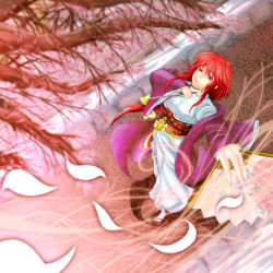 Rule 34 | 1girl, branch, dagger, expressionless, female focus, folding fan, foreshortening, from above, gentle wolf, hand fan, jacket, japanese clothes, kimono, knife, kotohime (touhou), long hair, looking up, obi, phantasmagoria of dim.dream, red eyes, red hair, sandals, sash, sidelocks, solo, tabi, touhou, touhou (pc-98), weapon, wide sleeves