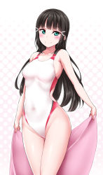 Rule 34 | 1girl, bare arms, bare legs, black hair, blunt bangs, blush, breasts, collarbone, competition swimsuit, covered navel, green eyes, hair ornament, halftone, halftone background, highres, holding, holding towel, kurosawa dia, long hair, love live!, love live! sunshine!!, medium breasts, mole, mole under mouth, nail polish, one-piece swimsuit, polka dot, polka dot background, sleeveless, smile, solo, swimsuit, thighs, towel, x hair ornament, yopparai oni