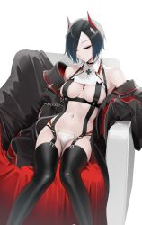 Rule 34 | 1girl, armchair, armpits, azur lane, bare shoulders, black coat, black hair, black thighhighs, blue hair, breasts, c-string, chair, cleavage, closed eyes, coat, cross, feet out of frame, gluteal fold, gradient hair, hair over one eye, highres, horns, iron cross, medium breasts, multicolored hair, navel, navel piercing, off shoulder, ohisashiburi, open clothes, open coat, parted lips, piercing, revealing clothes, short hair, simple background, sitting, skindentation, sleeping, sleeping upright, solo, stomach, strapless bottom, thighhighs, thong, ulrich von hutten (azur lane), underbust, white background