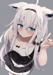 Rule 34 | 1girl, absurdres, ahoge, animal ear fluff, animal ears, blush, braid, breasts, cleavage, commentary request, ears down, fox ears, fox girl, fox shadow puppet, green eyes, grey background, hair between eyes, hairband, hand on own chest, highres, hololive, long hair, looking at viewer, maid, shirakami fubuki, sidelocks, simple background, single braid, small breasts, solo, takku (t oekakidaisuki), virtual youtuber, wavy mouth, white hair