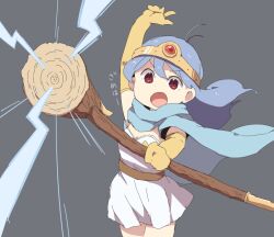Rule 34 | 1girl, blue hair, cape, circlet, dokan (dkn), dragon quest, dragon quest iii, dress, elbow gloves, gloves, long hair, looking at viewer, open mouth, sage (dq3), simple background, skirt, solo, staff