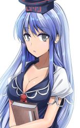 Rule 34 | 1girl, :o, blue dress, blue hair, blush, book, breasts, cleavage, collarbone, dress, grey eyes, hat, highres, holding, holding book, kamishirasawa keine, large breasts, long hair, looking at viewer, multicolored hair, one-hour drawing challenge, short sleeves, silver hair, solo, touhou, two-tone hair, upper body, white background, y2