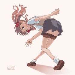 Rule 34 | 1girl, ankle socks, artist name, astuffds, bent over, between fingers, black skirt, bow, brown eyes, brown footwear, brown hair, brown sweater vest, dated, from behind, hair bow, highres, holding, holding needle, holding weapon, leaning forward, loafers, long hair, looking at viewer, looking back, needle, pleated skirt, red bow, red ribbon, ribbon, school uniform, shadow, shirai kuroko, shoes, skirt, smile, socks, solo, sweater vest, thigh strap, throwing needles, toaru kagaku no railgun, toaru majutsu no index, tokiwadai school uniform, twintails, upside-down, weapon, white background, white socks