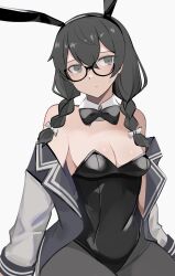 Rule 34 | 1girl, animal ears, bare shoulders, black hair, black leotard, blush, bow, bowtie, braid, breasts, cevio, cleavage, commentary request, detached collar, fake animal ears, glasses, grey eyes, hanakuma chifuyu, highres, jacket, leotard, long hair, looking at viewer, low twin braids, pantyhose, playboy bunny, rabbit ears, rabbit tail, semi-rimless eyewear, small breasts, smile, solo, strapless, strapless leotard, synthesizer v, tail, twin braids, ubah, wrist cuffs