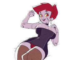 Rule 34 | 1girl, 2000s (style), alternate breast size, android, black choker, black dress, breasts, cameltoe, choker, cleavage, colored sclera, cowboy shot, curvy, dress, earrings, foster&#039;s home for imaginary friends, frankie foster, hair ornament, hairclip, hand on own chest, high ponytail, hoop earrings, jewelry, joints, large breasts, looking to the side, lying, mechanization, metal skin, microdress, on back, open mouth, panties, red eyes, red hair, red panties, robot joints, short hair, simple background, sleeveless, sleeveless dress, smile, solo, teelokay, thighhighs, underwear, white background, yellow sclera, zettai ryouiki