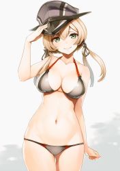 Rule 34 | 10s, 1girl, adapted costume, anchor, anchor hair ornament, arm up, bikini, breasts, cleavage, collarbone, cowboy shot, gluteal fold, green eyes, grey bikini, groin, hair between eyes, hair ornament, halterneck, hand on headwear, hat, highres, kantai collection, light brown hair, long hair, looking at viewer, low twintails, medium breasts, military hat, navel, nylon (nylon 100%), peaked cap, prinz eugen (kancolle), simple background, skindentation, smile, solo, swimsuit, twintails