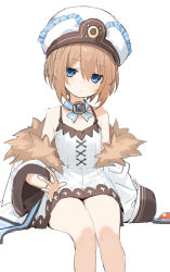 Rule 34 | 1girl, absurdres, blanc (neptunia), blue eyes, buran buta, dress, flat chest, fur trim, hair between eyes, hat, highres, jacket, light brown hair, looking at viewer, neptune (series), outstretched arm, short hair, simple background, solo, spaghetti strap, white background, white dress, white hat, white jacket, wide sleeves