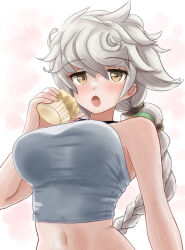 Rule 34 | 1girl, asymmetrical hair, braid, breasts, brown eyes, commentary request, cupcake, food, halterneck, kantai collection, kitagawa mikio, large breasts, long hair, looking at viewer, midriff, navel, simple background, single braid, solo, tank top, unryuu (kancolle), wavy hair, white background, white hair, white tank top