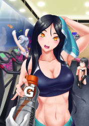 Rule 34 | 10s, 3girls, absurdres, abyssal ship, alternate costume, arm up, bench, black hair, blush, bottle, breasts, cleavage, clownfish, collarbone, drying, drying hair, exercise machine, fish, fish tank, gatorade, giving, gloves, gym uniform, highres, indoors, jiguang zhi ao luola, jiguang zhi aoluola, kantai collection, large breasts, long hair, looking at another, looking at viewer, looking to the side, motion blur, multiple girls, navel, no headwear, nu-class light aircraft carrier, open mouth, orange eyes, poster (object), pov, pov hands, ri-class heavy cruiser, ru-class battleship, shoes, short hair, smile, solo focus, ^^^, sweat, towel, tying shoes, white gloves, wo-class aircraft carrier
