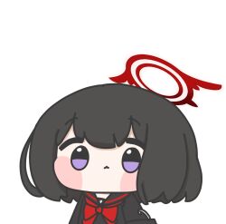 Rule 34 | 1girl, black hair, black serafuku, black shirt, blue archive, blush stickers, bow, bowtie, chamsheol, chibi, closed mouth, halo, long sleeves, looking at viewer, mashiro (blue archive), medium hair, purple eyes, raised eyebrows, red bow, red bowtie, red halo, school uniform, serafuku, shirt, simple background, solo, upper body, white background, winged halo