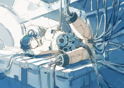 Rule 34 | 1boy, anal, anal object insertion, android, arm up, blue eyes, blue hair, closed mouth, frown, hair between eyes, leg up, loladestiny, lying, male focus, male penetrated, mechanical parts, muscular, object insertion, on side, original, sketch, solo, table, wire