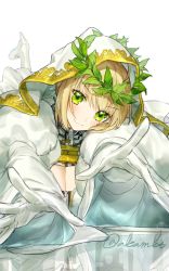 Rule 34 | 1girl, ahoge, akamakoto, blonde hair, blush, breasts, bridal veil, chain, cleavage, fate/extra, fate/extra ccc, fate/grand order, fate (series), gloves, green eyes, hair intakes, head wreath, large breasts, lock, long hair, looking at viewer, nero claudius (bride) (fate), nero claudius (bride) (third ascension) (fate), nero claudius (fate), nero claudius (fate) (all), padlock, smile, solo, veil, white sleeves