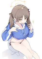 Rule 34 | 1girl, bikini, black bikini, blue archive, blue hoodie, blush, brown eyes, brown hair, feet out of frame, from above, halo, highres, hood, hoodie, long hair, long sleeves, moe (blue archive), moe (swimsuit) (blue archive), official alternate costume, open mouth, pearlgang e, simple background, smile, solo, swimsuit, twintails, unworn eyewear, white background, yellow halo