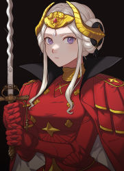 Rule 34 | 1girl, armor, armored dress, black background, buttons, cape, closed mouth, commentary, double bun, dress, edelgard von hresvelg, fake horns, fire emblem, fire emblem: three houses, gauntlets, hair bun, hair ornament, high collar, highres, holding, holding sword, holding weapon, horn ornament, horns, looking at viewer, nintendo, peach11 01, purple eyes, red cape, red dress, sidelocks, simple background, solo, sword, tiara, weapon, white hair